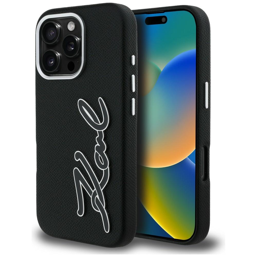 Karl Lagerfeld FW Grained Signature Logo Dėklas iPhone 16 Pro Max - juodas