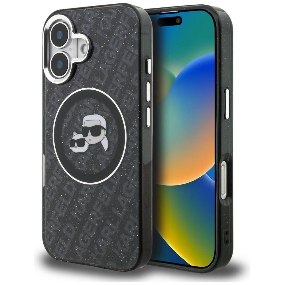 Karl Lagerfeld IML Glitter Karl & Choupette Heads Logo MagSafe Dėklas iPhone 16 - juodas