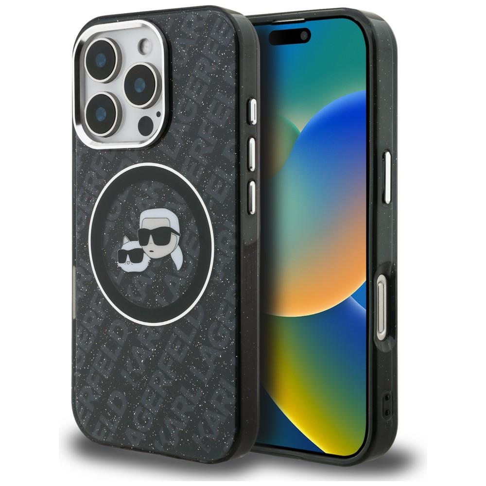 Karl Lagerfeld IML Glitter Karl & Choupette Heads Logo MagSafe Dėklas iPhone 16 Pro Max - juodas