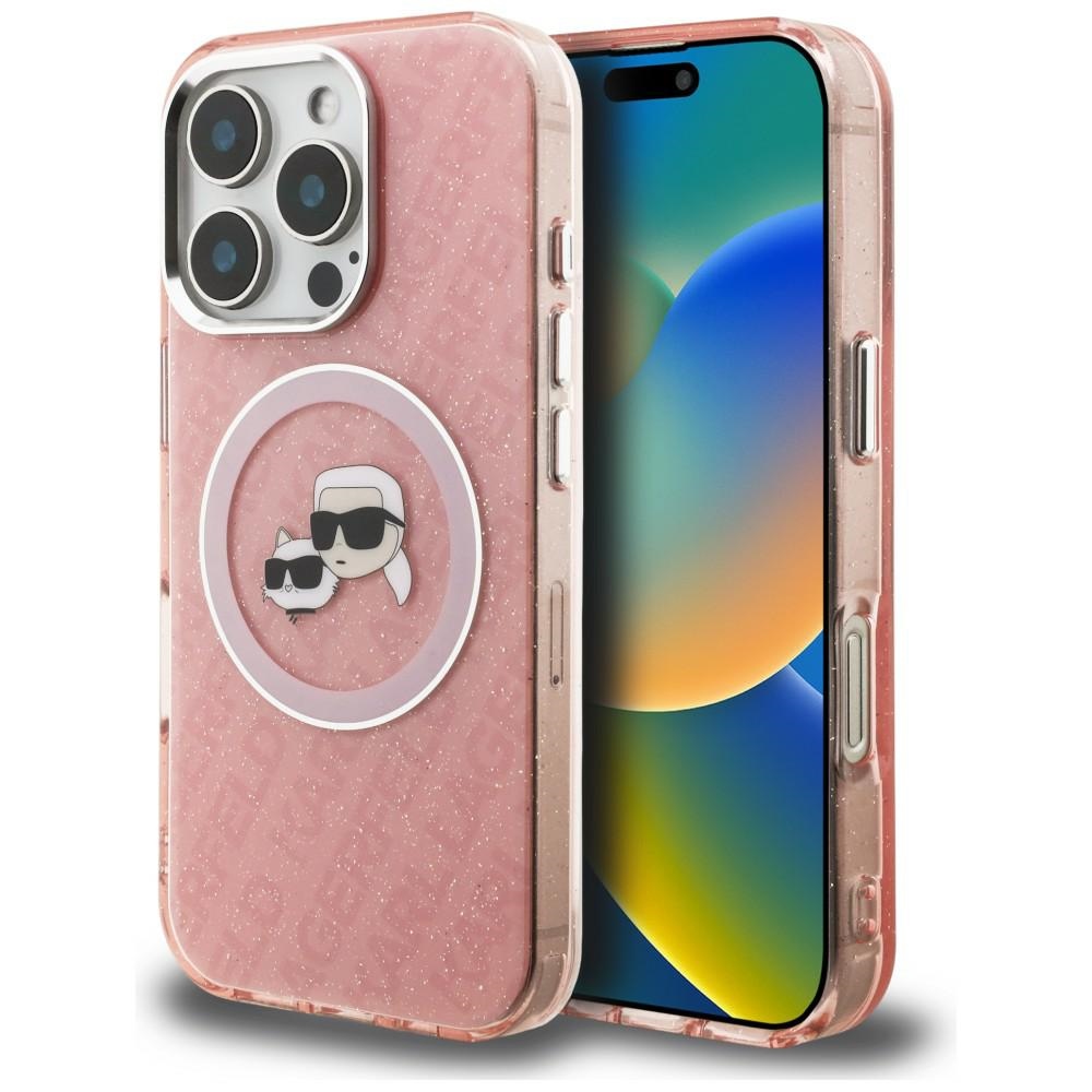 Karl Lagerfeld IML Glitter Karl & Choupette Heads Logo MagSafe dėklas iPhone 16 Pro Max - rožinis