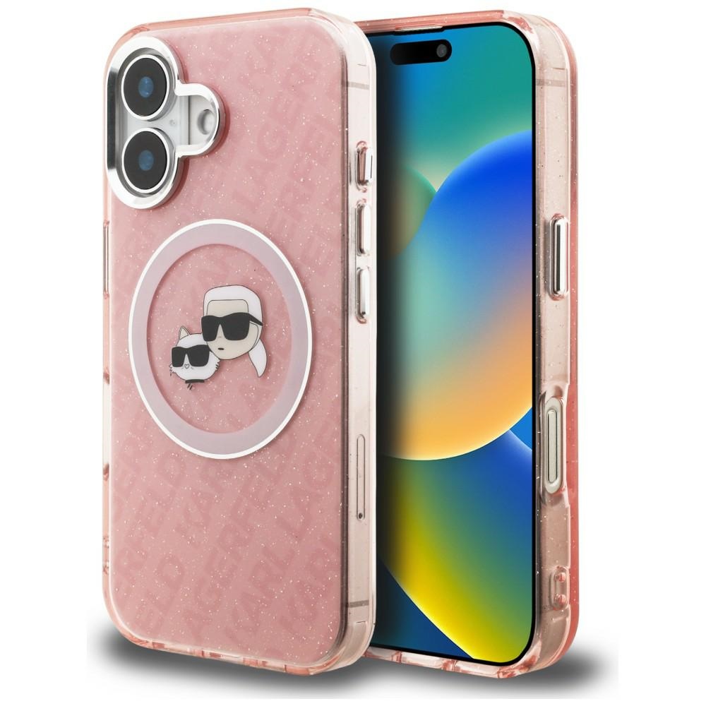 Karl Lagerfeld IML Glitter Karl & Choupette Heads Logo MagSafe dėklas iPhone 16 - rožinis