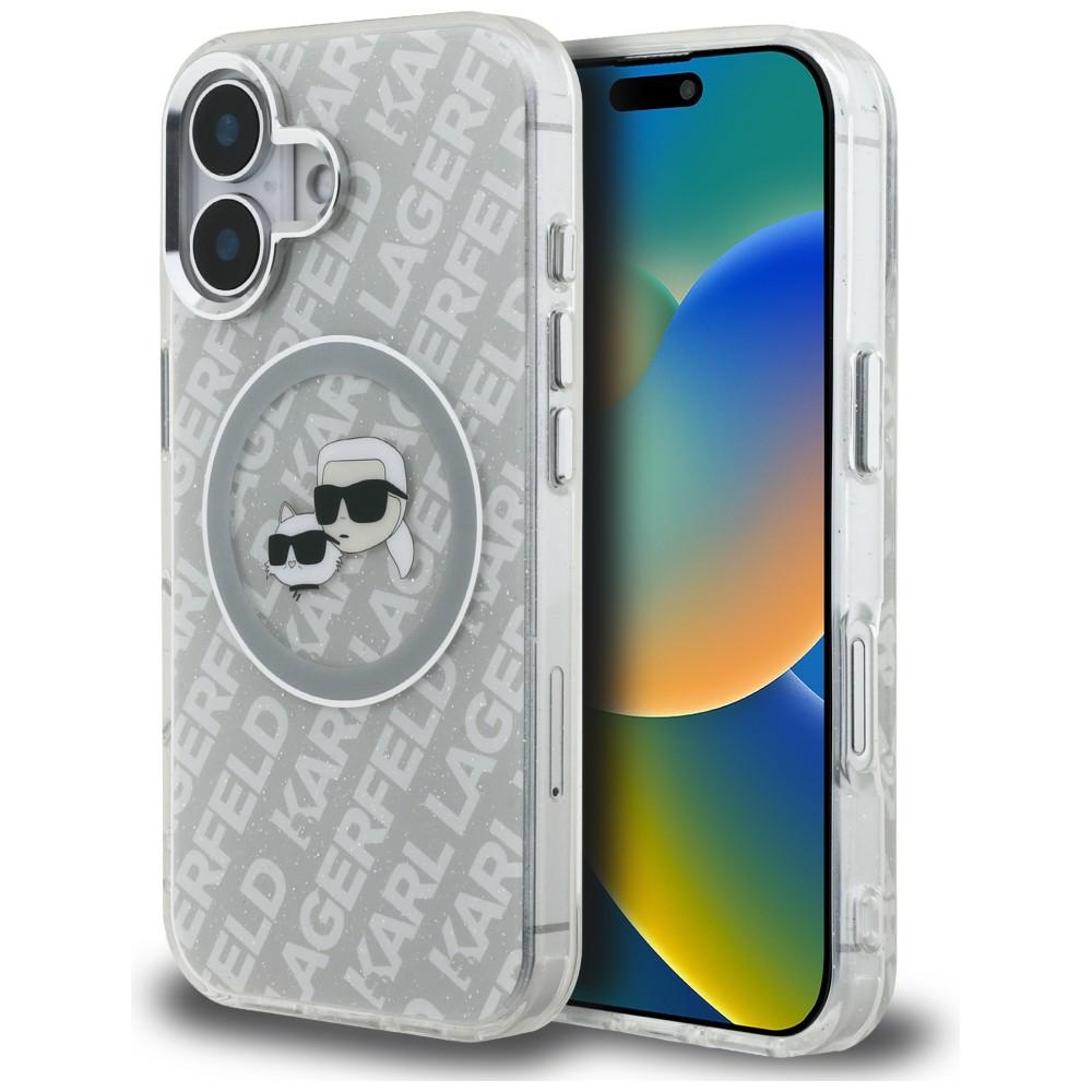 Karl Lagerfeld IML Glitter Karl & Choupette Heads Logo MagSafe dėklas iPhone 16 - pilkas
