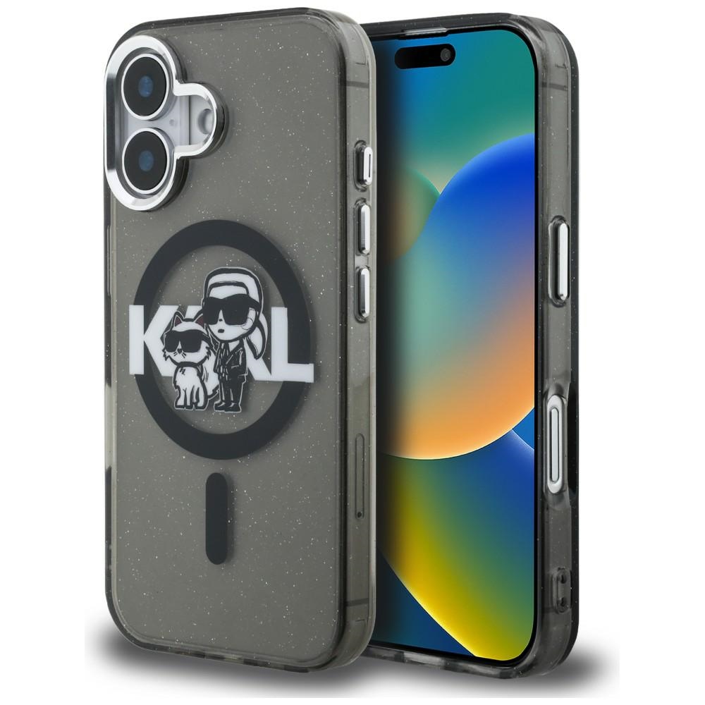 Karl Lagerfeld IML Glitter Karl & Choupette Sketch Logo MagSafe dėklas iPhone 16 - juodas