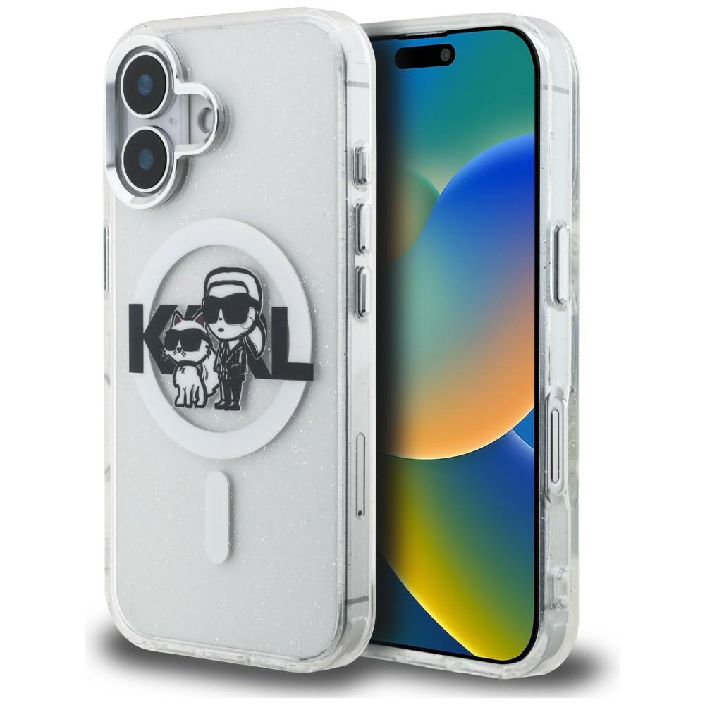 Karl Lagerfeld IML Glitter Karl & Choupette Sketch Logo MagSafe dėklas iPhone 16 - skaidrus