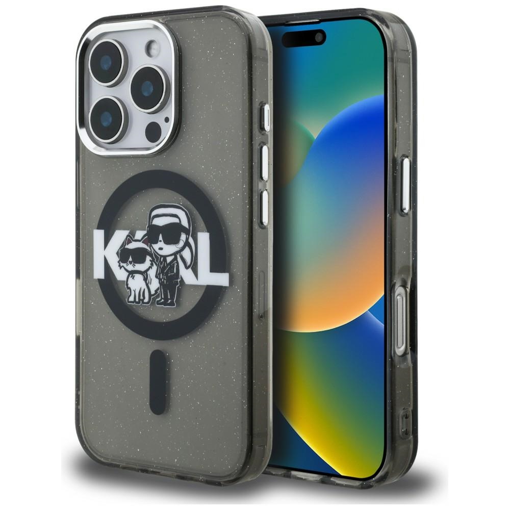 Karl Lagerfeld IML Glitter Karl & Choupette Sketch Logo MagSafe dėklas iPhone 16 Pro - juodas