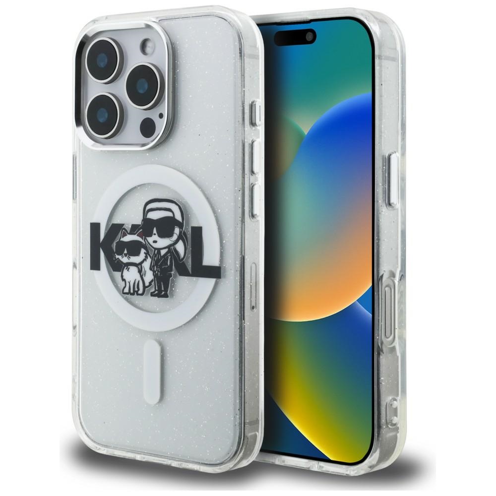 Karl Lagerfeld IML Glitter Karl & Choupette Sketch Logo MagSafe dėklas iPhone 16 Pro - skaidrus