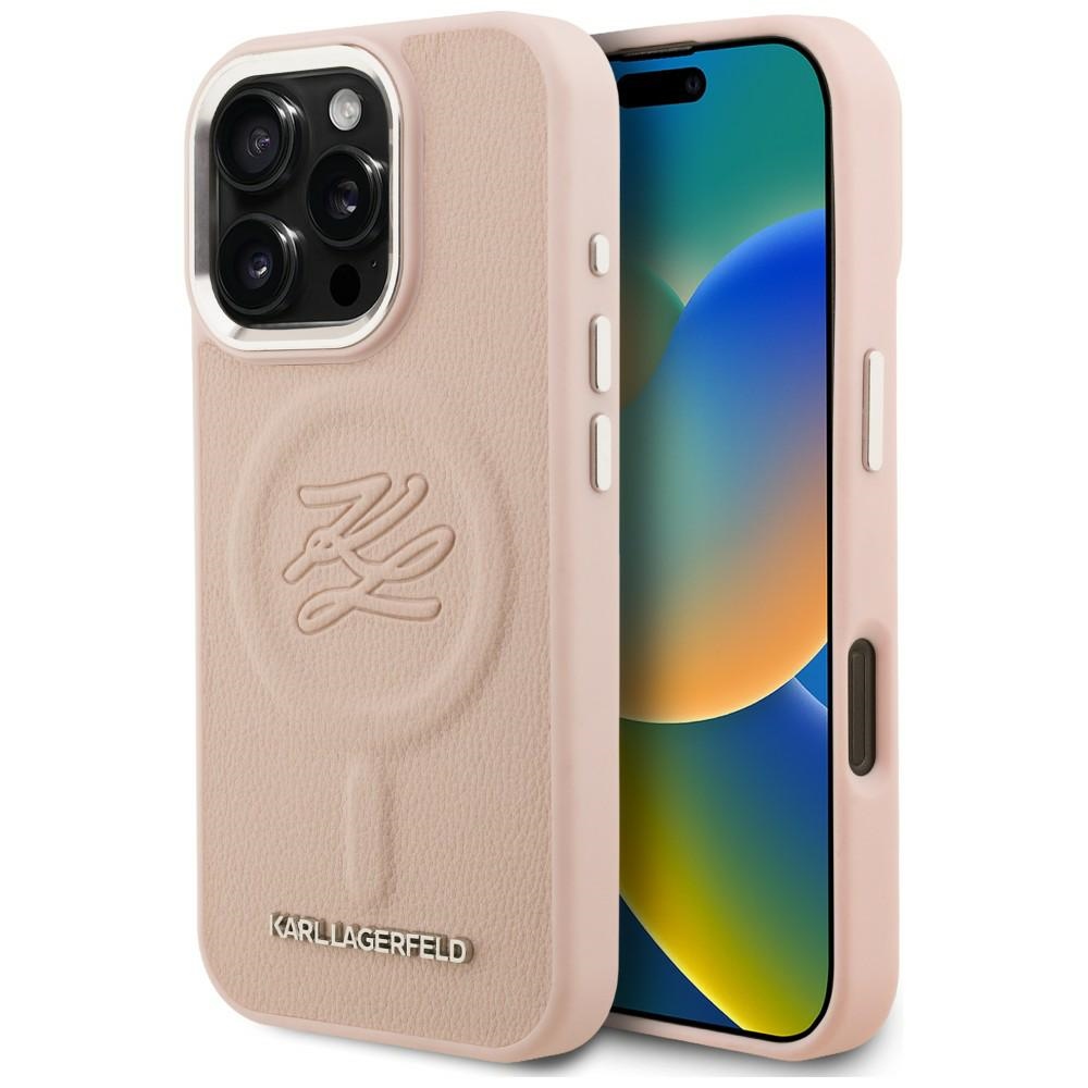 Karl Lagerfeld inicialų ir metalinis logotipas MagSafe dėklas iPhone 16 Pro Max - rožinis