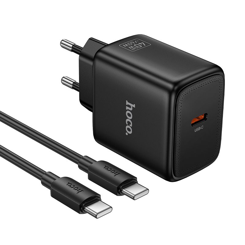 Telefono GaN įkroviklis Hoco USB C PD AVS 40W max 60W su USB C į USB C laidu N83 juodas