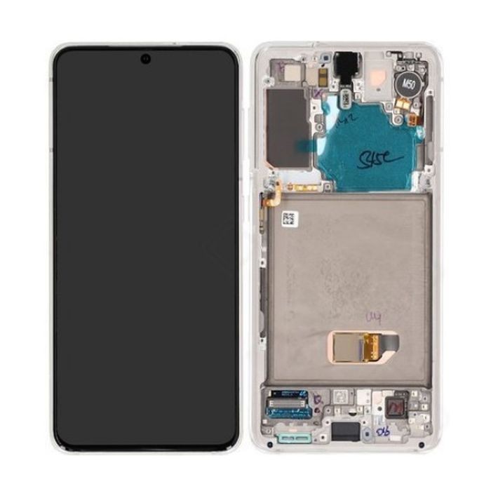 Ekranas Samsung G991 S21 5G su lietimui jautriu stikliuku ir rėmeliu Phantom White originalus (used Grade B)