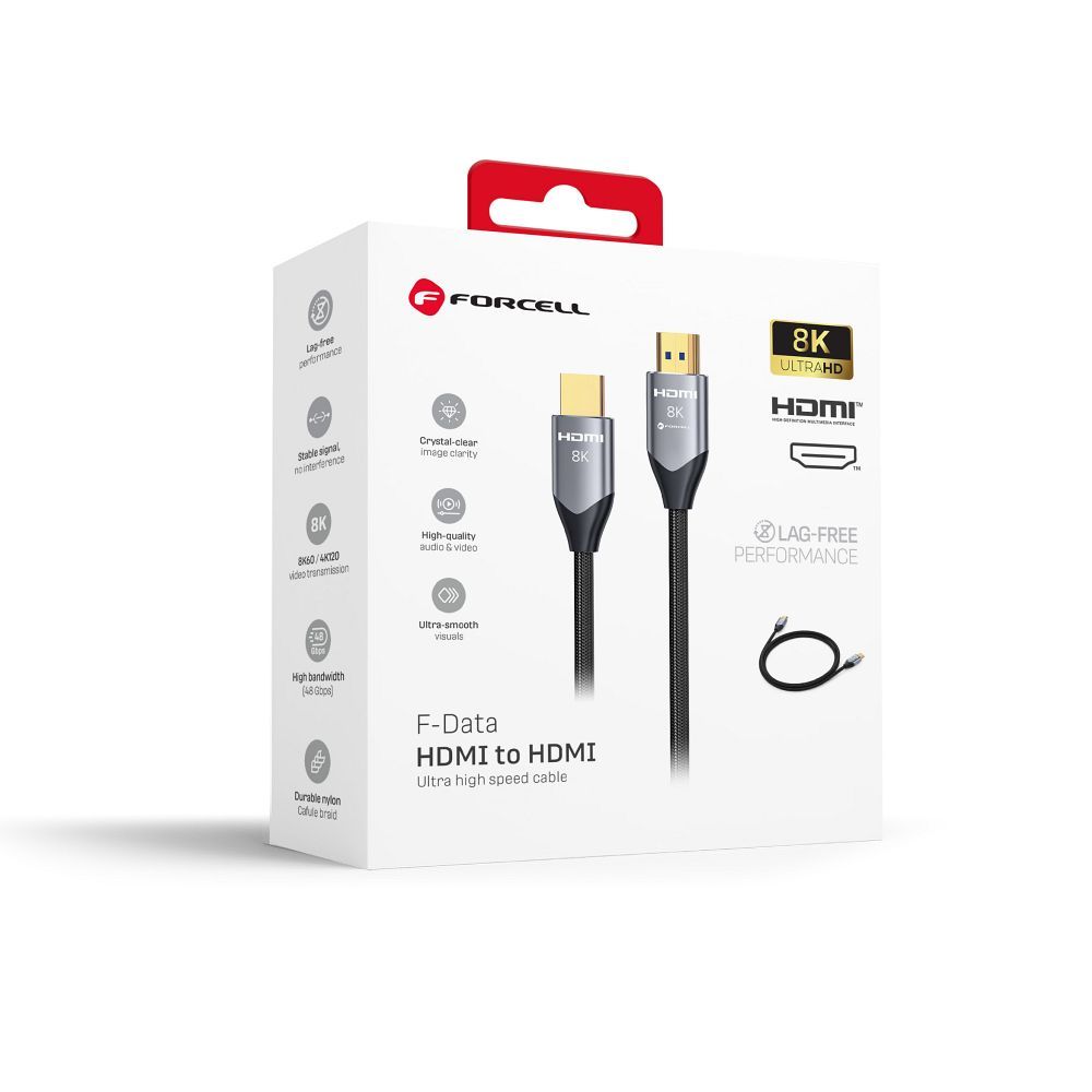 Laidas HDMI 2.1 Forcell Cafule 8K 60Hz / 4K 120Hz - Ultra High Speed, HDR, eARC, VRR, 48Gbps 3 m juodas
