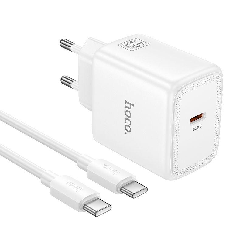 Telefono GaN įkroviklis Hoco USB C PD AVS 40W max 60W su USB C į USB C laidu N83 baltas