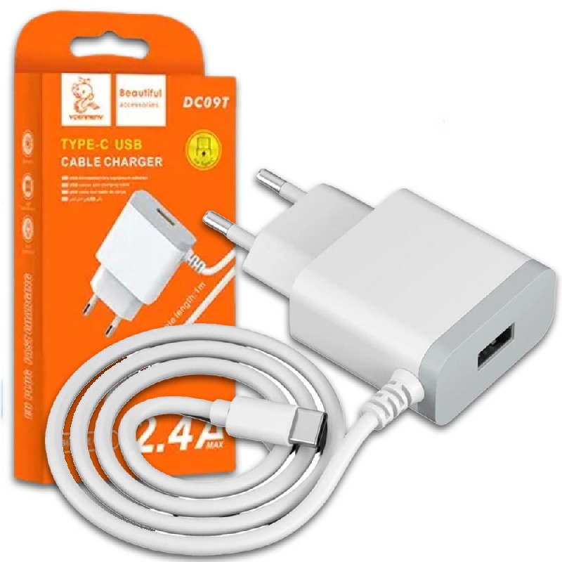 Įkroviklis Denmen (DC09T-W) + Type-C kabelis (1xUSB 2.4A) baltas