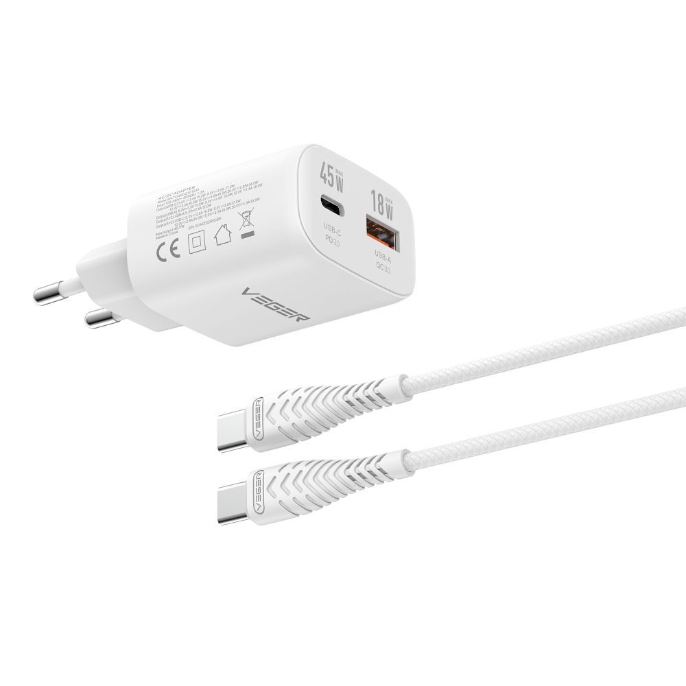 Telefono įkroviklis VEGER USB A + Type C PD Super Charge PPS 45W + duomenų kabelis Type C į C 100W TR101 baltas