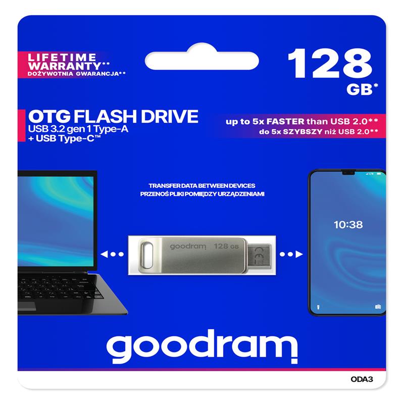 Goodram USB atmintinė 128GB USB 3.2 ODA3 sidabrinė TYPE-A+TYPE-C