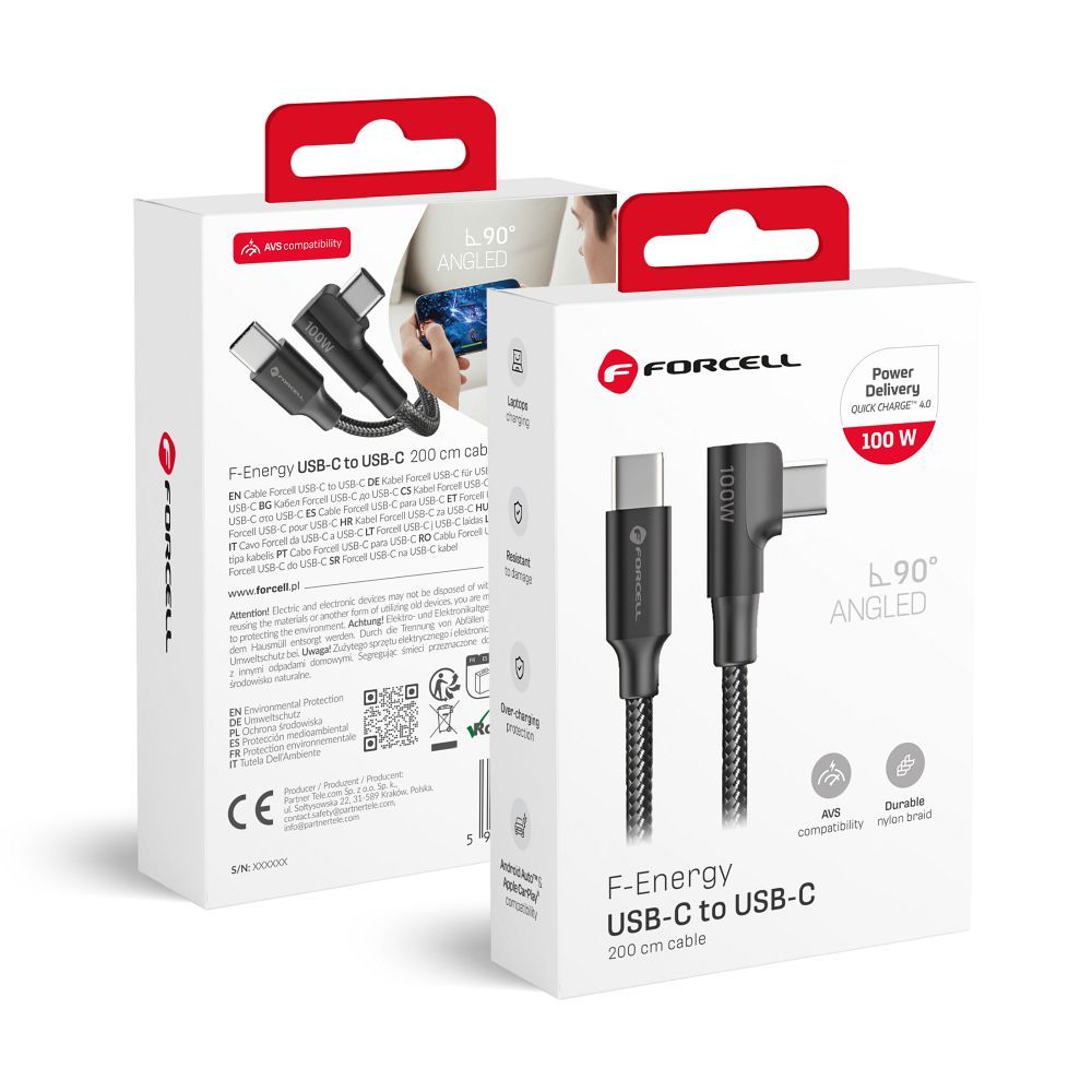 Laidas USB C į USB C Forcell F-Energy QC4.0 PD 5A 100W Cafule 90° 2 m CC-1Deg juodas