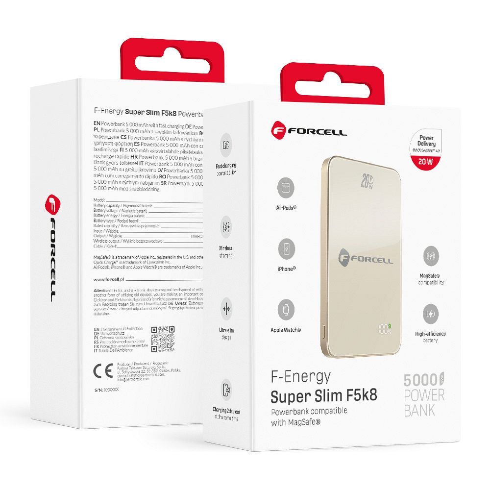 Išorinė baterija saderinta su MagSafe Forcell F-Energy SuperSlim F5K8 QC4.0 PD3.0 15W 5000 mAh titano dykumos spalva