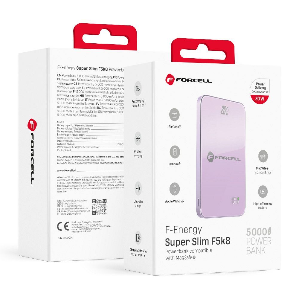 Išorinė baterija suderinama su MagSafe Forcell F-Energy SuperSlim F5K8 QC4.0 PD3.0 15W 5000 mAh violetinė