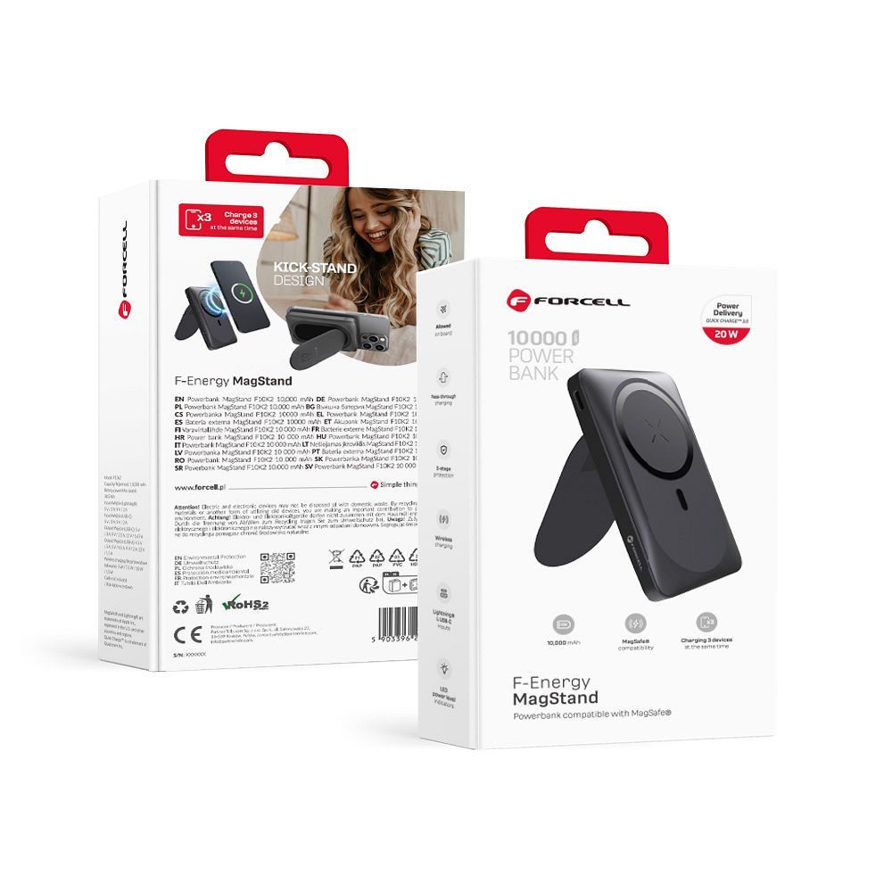 Išorinė baterija suderinama su MagSafe Forcell F-Energy MagStand F10K2 QC3.0 PD 5A 20W 10000 mAh juoda