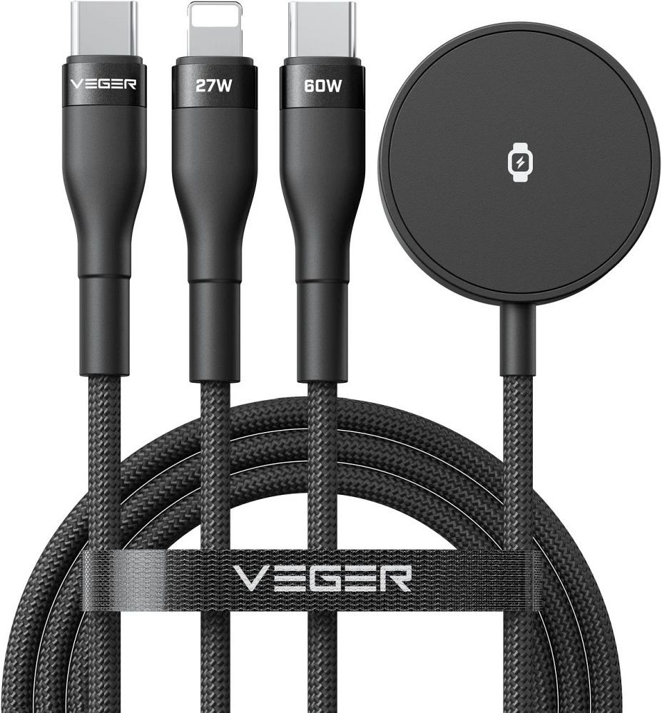 Kabelis 3in1 USB C į Lightning / Type C / iWatch / SAM Watch VEGER 3A 92W V730 1,5 m juodas