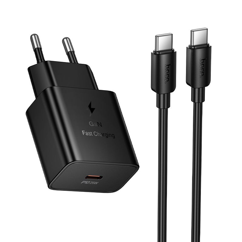 Telefono įkroviklis Hoco USB C QC PD 25W + laidas USB C į USB C N76 juodas