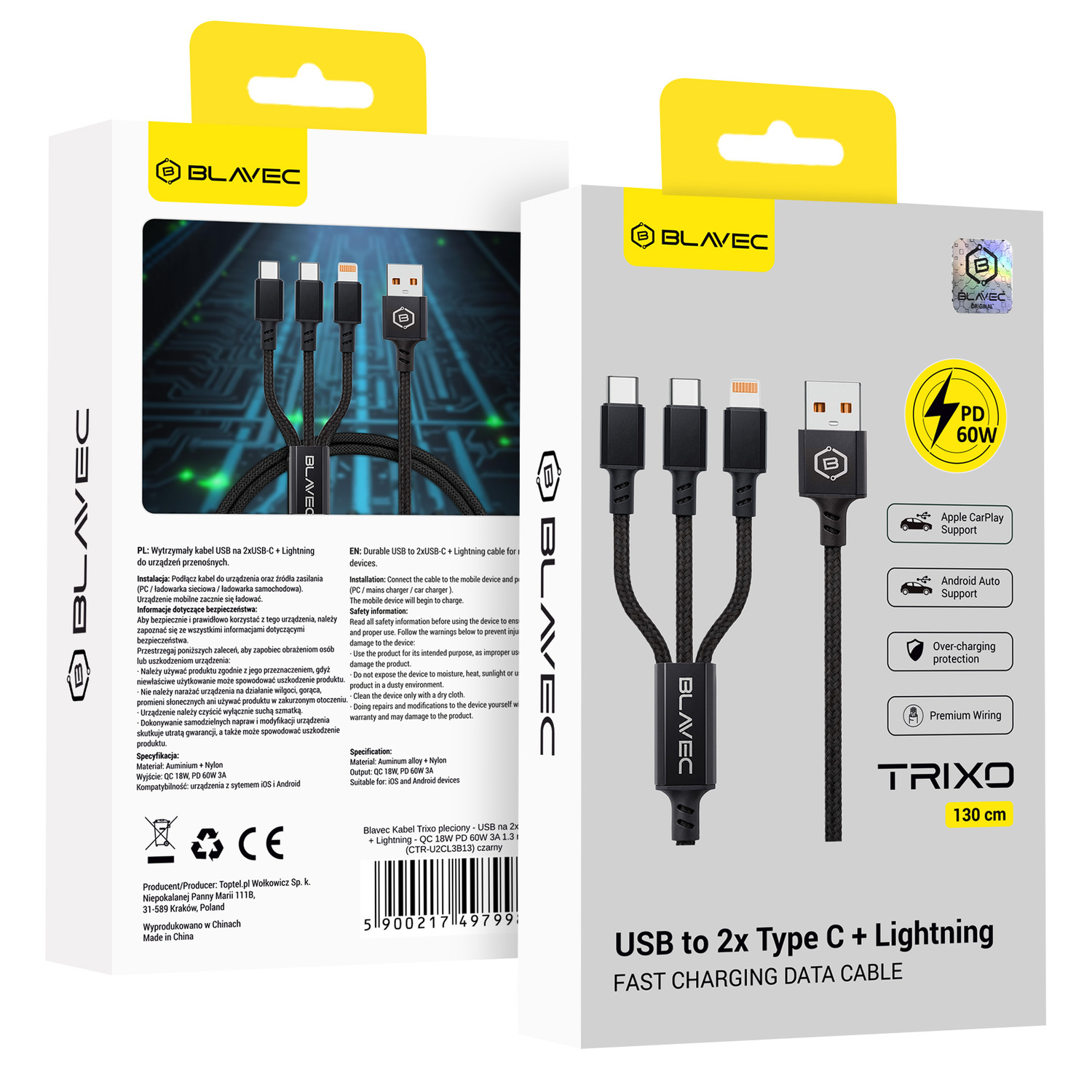 Blavec Trixo pintas kabelis - USB į 2xType C + Lightning - QC 18W PD60W 3A 1,3 m (CTR-U2CL3B13) juodas