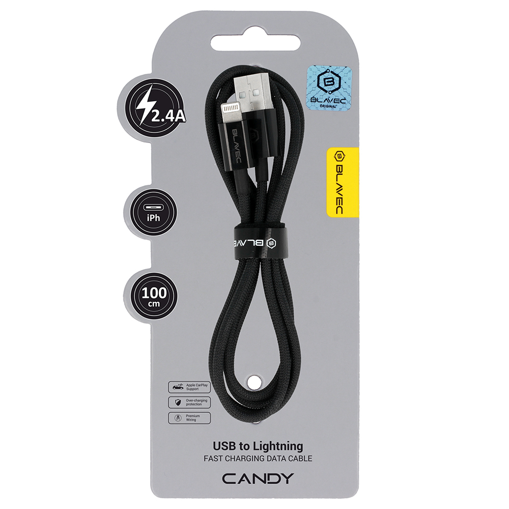 Blavec Kabelis Candy pintas - USB į Lightning - 2,4A 1 metras Apple CarPlay (CCA-UL24B10) juodas