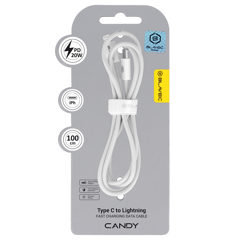 Blavec Kabelis Candy pintas - Type C į Lightning - PD 20W 2,4A 1 metras Apple CarPlay (CCA-CL24W10) baltas