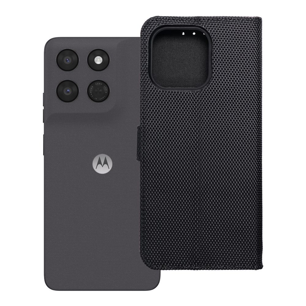 Atverčiamas 4Card RFID dėklas Motorola G37 su apsauga nuo vagysčių, iš technologinio audinio, juodas