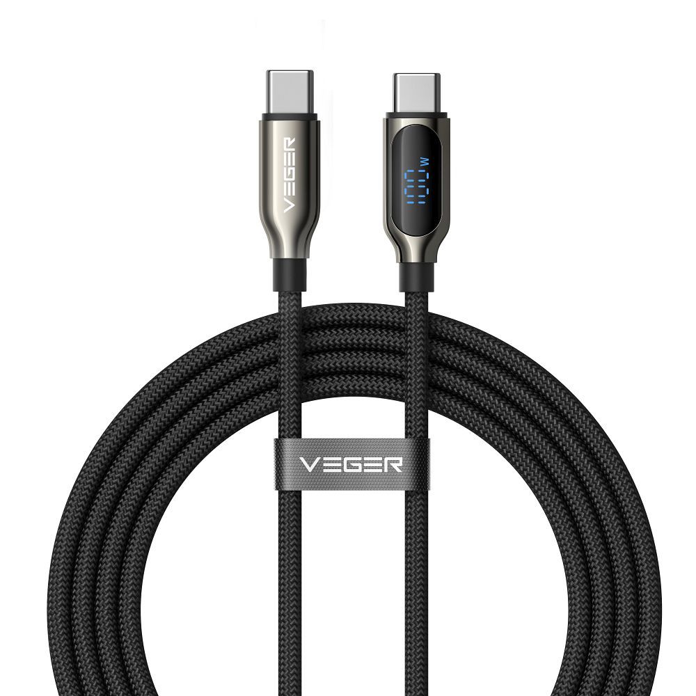 Кабель со светодиодным дисплеем, разъемы Type C – Type C, VEGER PD 5A 100W, CC1-XHJ, 1,5 м, черный