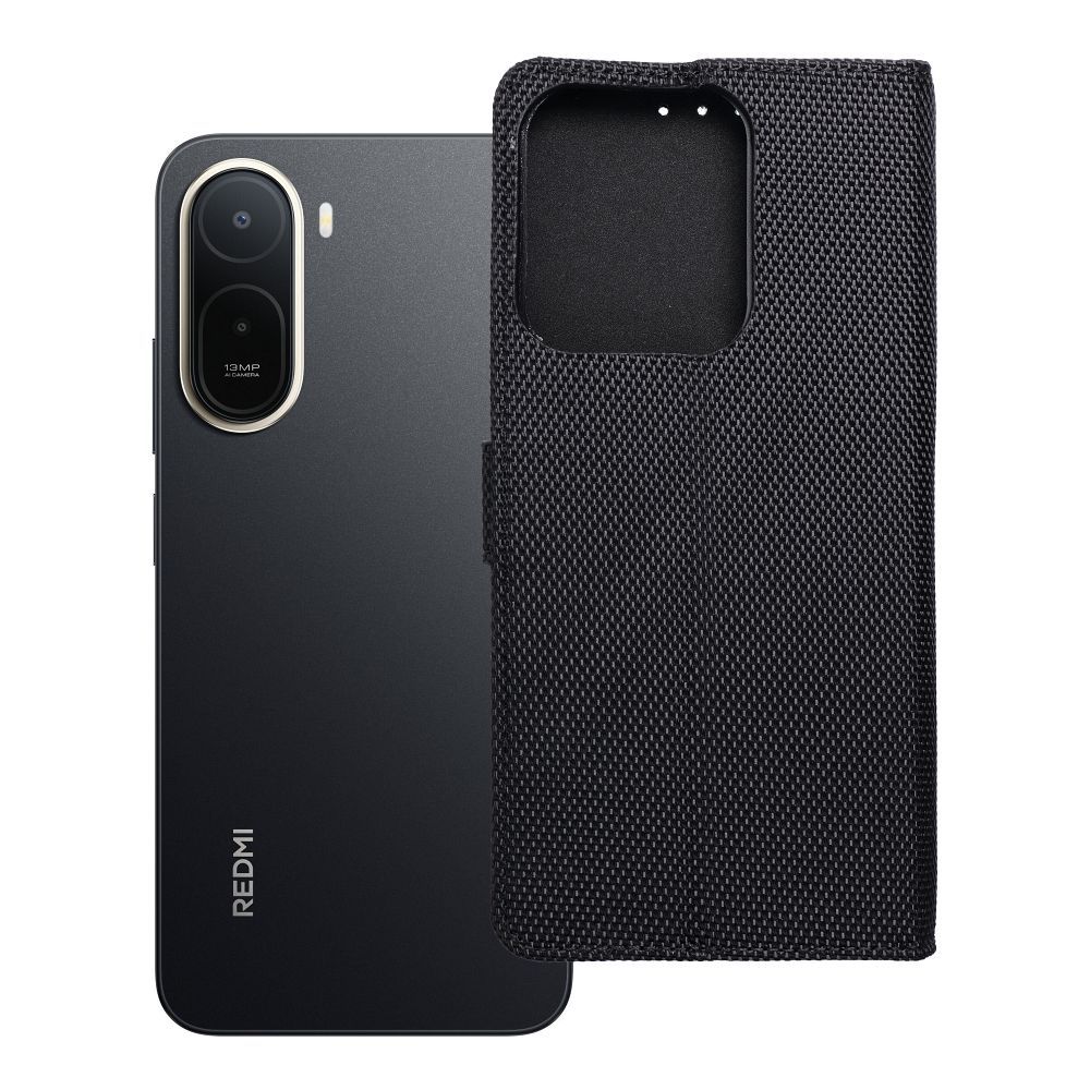 Atverčiamas 4Card RFID dėklas Xiaomi Redmi A7 PRO su apsauga nuo vagysčių, iš technologinio audinio, juodas