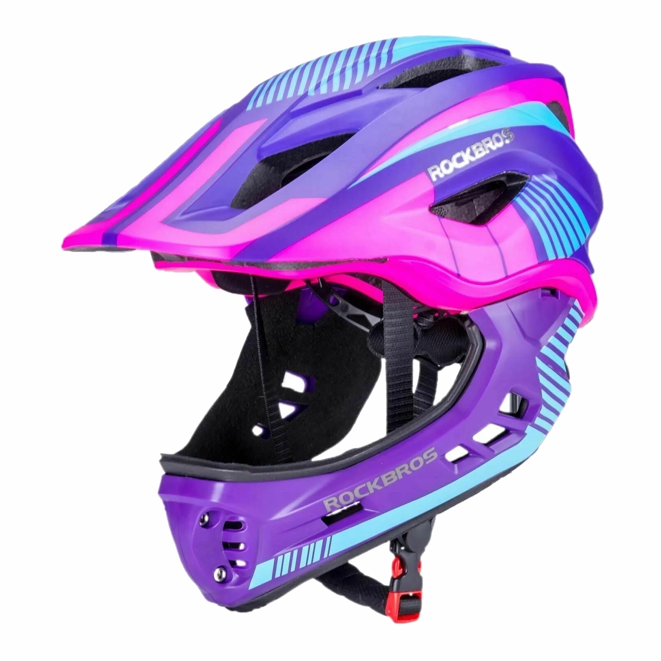 Rockbros TT-32SBPP-S vaikiškas dviračio šalmas su nuimama smakro apsauga dydis S - violetinis-rožinis
