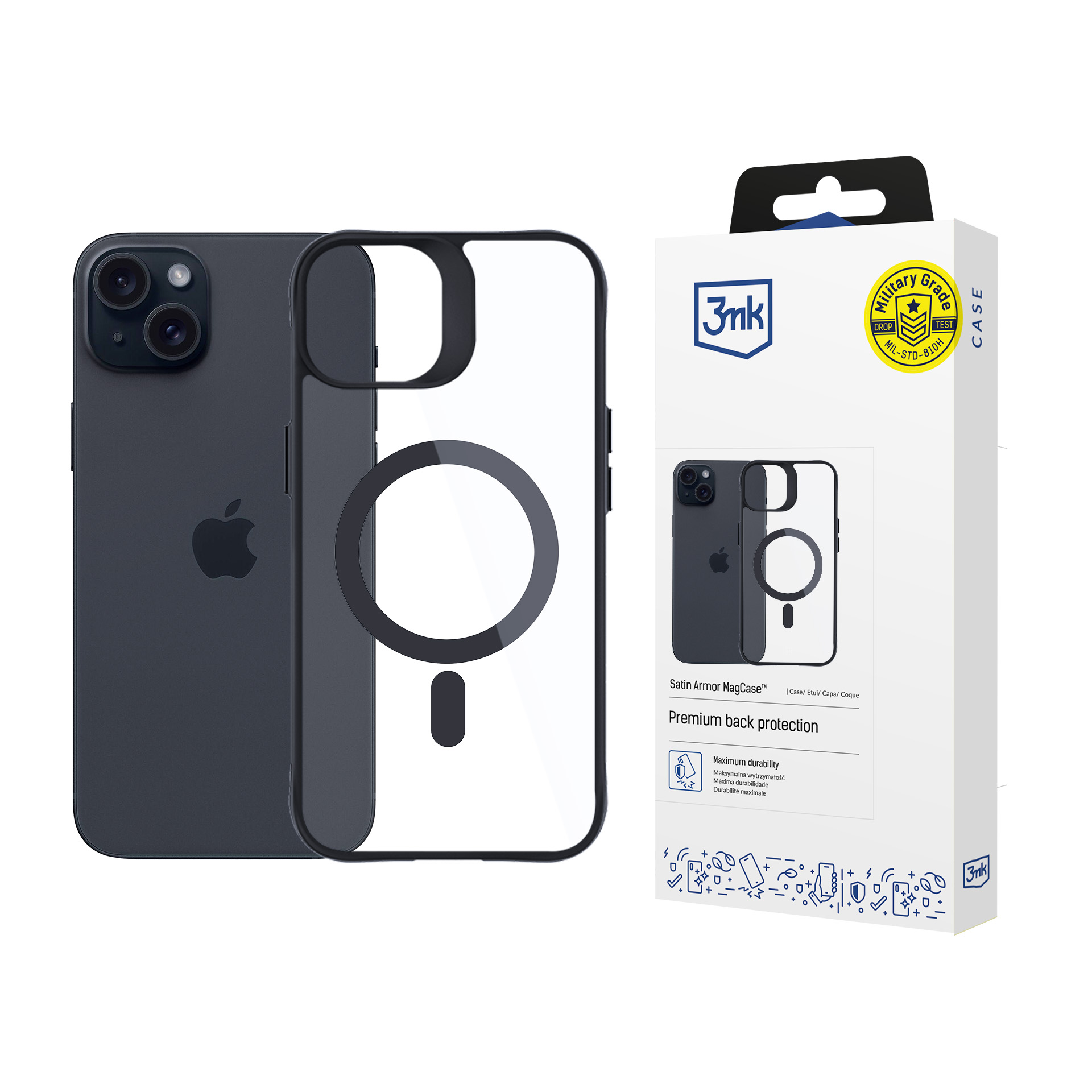 Чехол 3mk Satin Armor MagCase с MagSafe для iPhone 15 Plus - прозрачный с чёрной рамкой