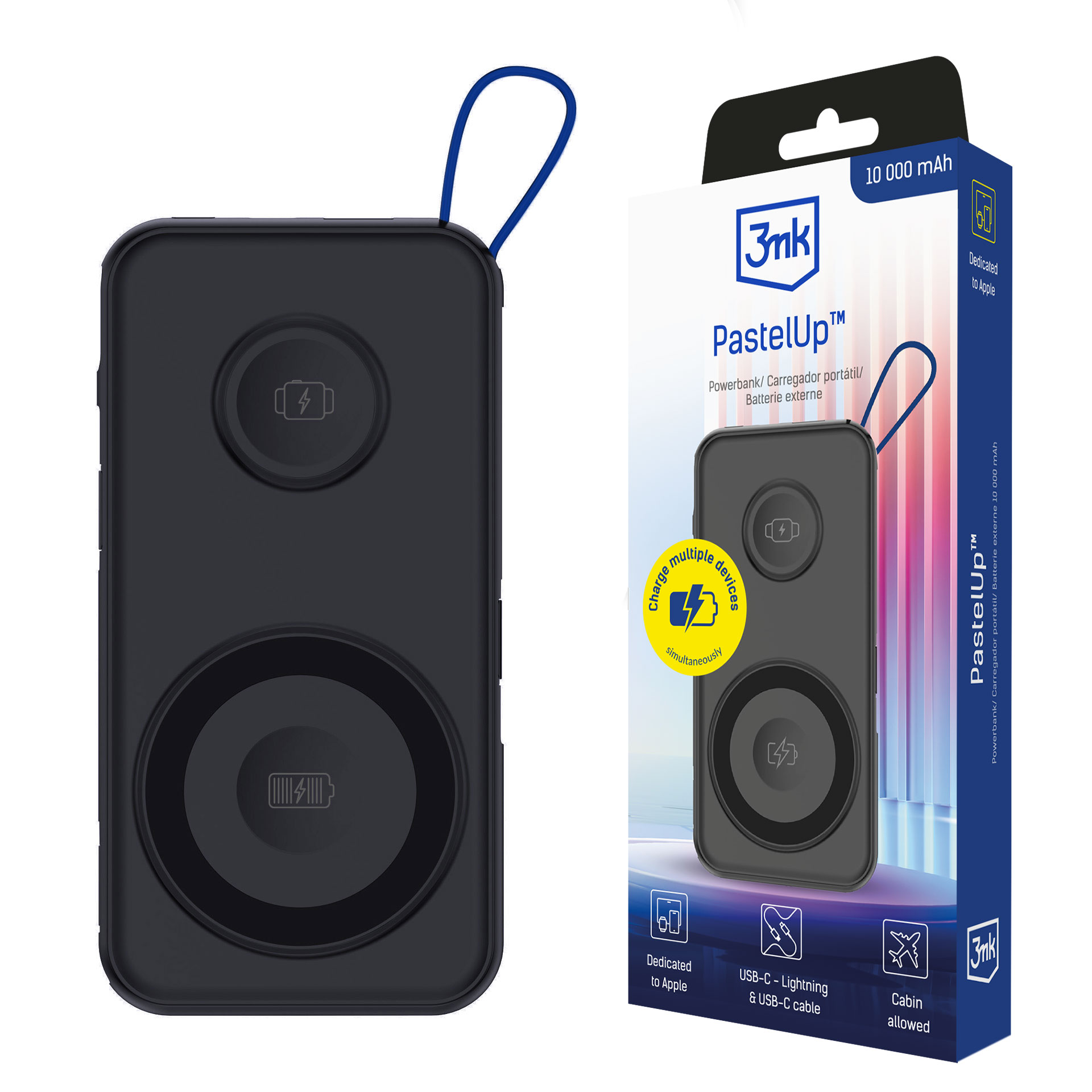 3mk PastelUp 10000mAh 22.5W USB 1A1C Išorinė baterija (f) - juoda