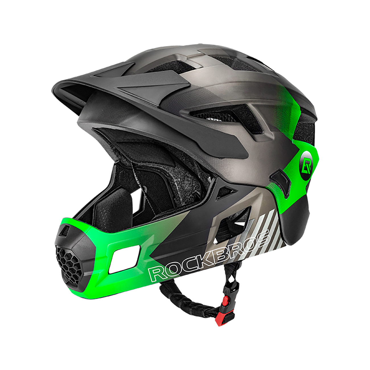 Rockbros TS-61 10110061004 vaikiškas dviračio šalmas su nuimama smakro apsauga, dydis M (54-57) - žalias