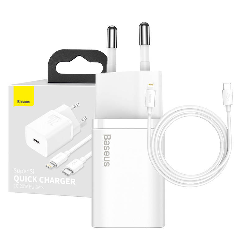 Įkroviklis Baseus Super Si 20W USB-C + USB-C to Lightning cable 1.0m baltas TZCCSUP-B02