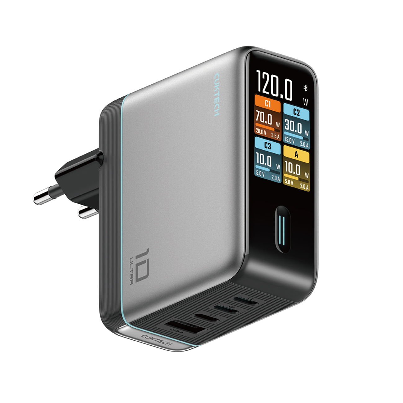 Cuktech AD1204U 120W Wall Charger with Display and USB-C Cable - Silver
