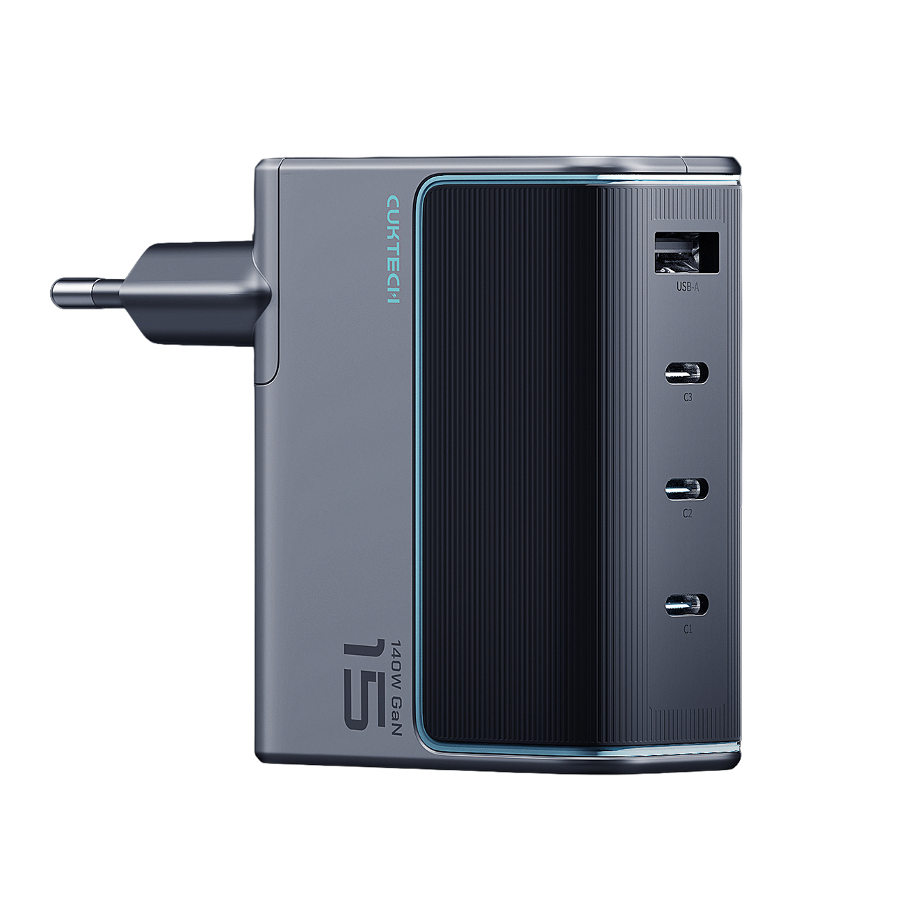 Cuktech AD1404UEU 140W GaN 3x USB-C + USB-A Wall Charger with USB-C Cable - Gray