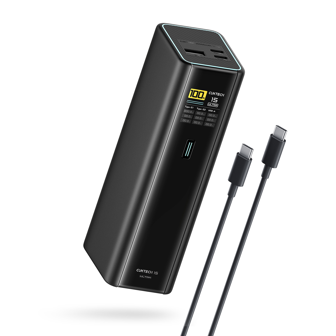 Cuktech PB200U išorinė baterija 20 000 mAh, 210 W, su 2 USB-C ir USB-A jungtimis, TFT ekranu ir 240 W USB-C laidu – juoda