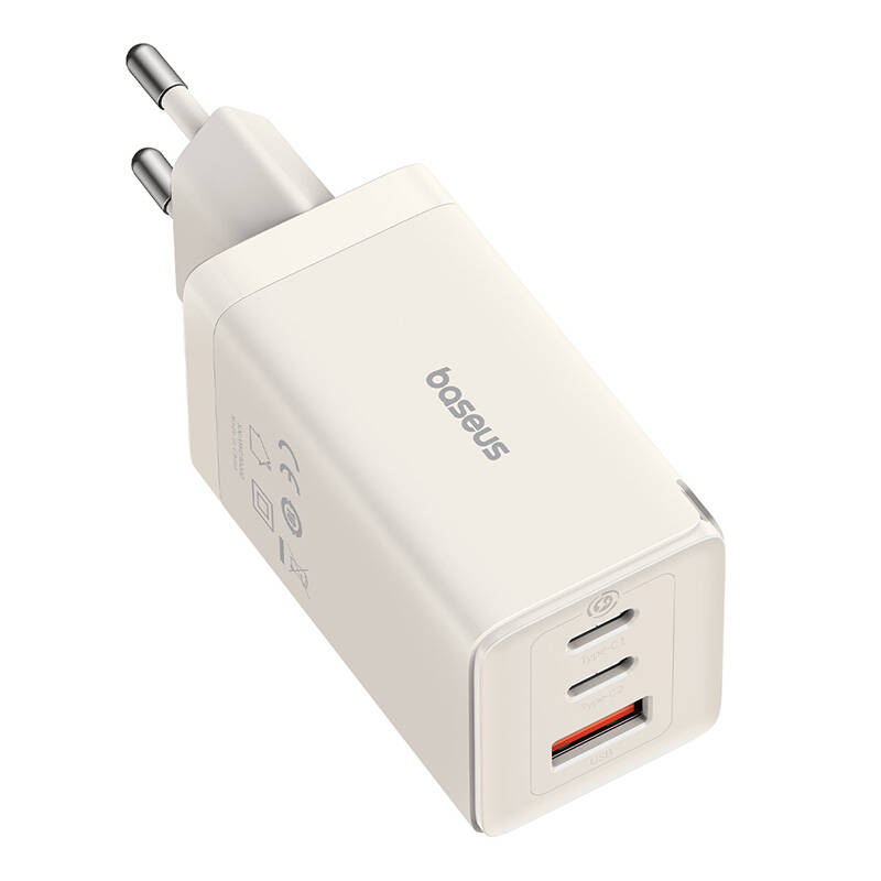 Sieninis įkroviklis Baseus GaN5 2x USB-C + USB, 65W + laidas 1m (baltas)