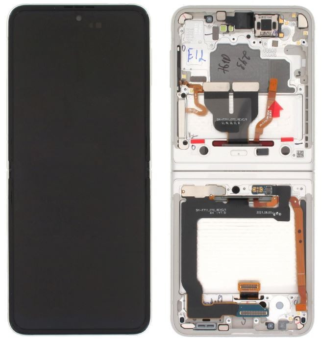 Ekranas Samsung F711 Z Flip3 5G su lietimui jautriu stikliuku ir rėmeliu vidinis (Inner) Cream originalus (used Grade C)