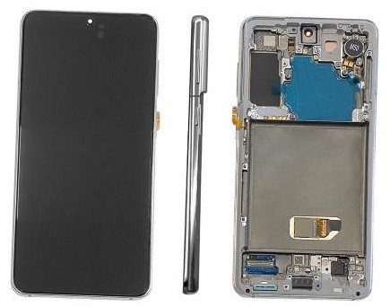 Ekranas Samsung G991 S21 5G su lietimui jautriu stikliuku ir rėmeliu Phantom White originalus (assembled service pack)