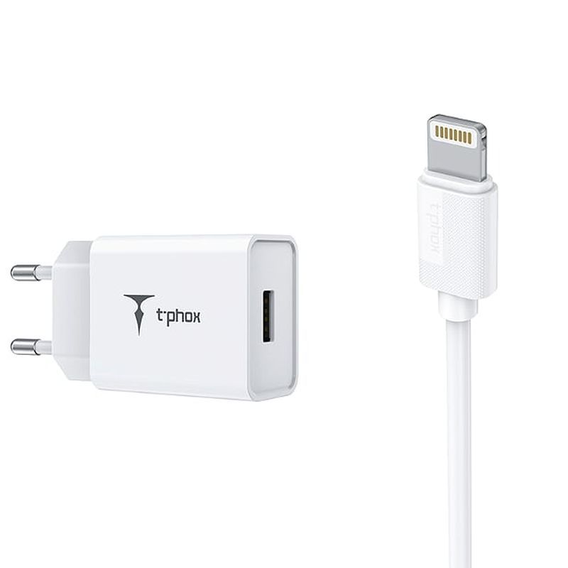SIENINIS ĮKROVIKLIS T-PHOX MINI-EU LIGHTNING BALTAS 1.2M 2.4A