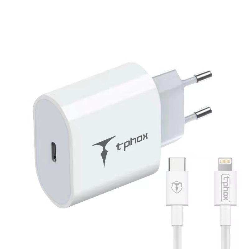 SIENINIS ĮKROVIKLIS T-PHOX ISPEED 20W USB-C/LIGHTNING LAIDAS BALTAS
