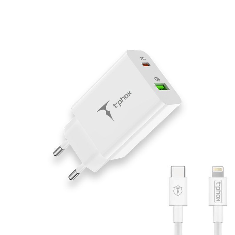 SIENINIS ĮKROVIKLIS T-PHOX SPEEDY USB-C 20W/USB 18W PD QC + LAIDAS LIGHTNING 1M BALTAS