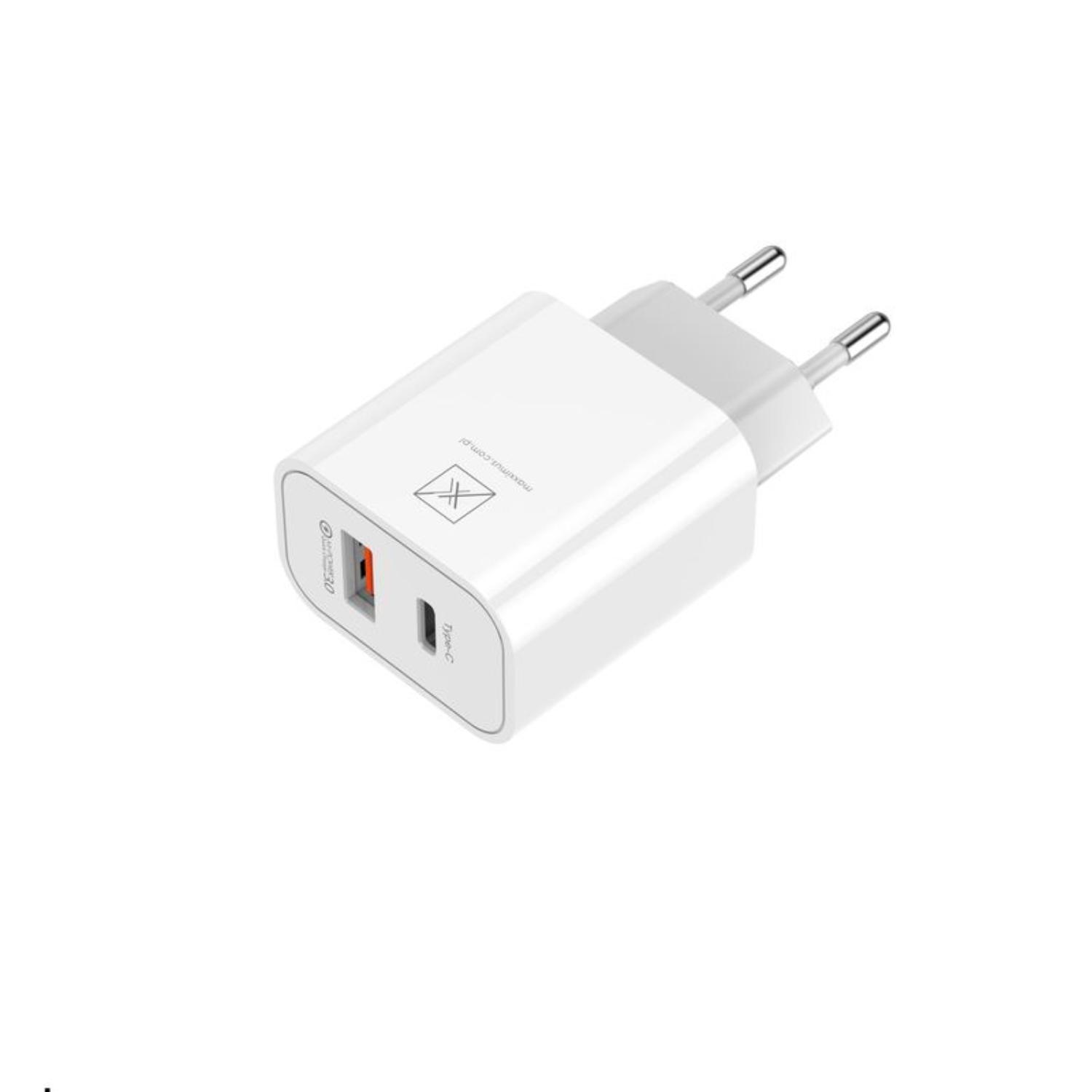 Sieninis įkroviklis MX ALFA 20W PD+QC, USB-A+C baltas TTT