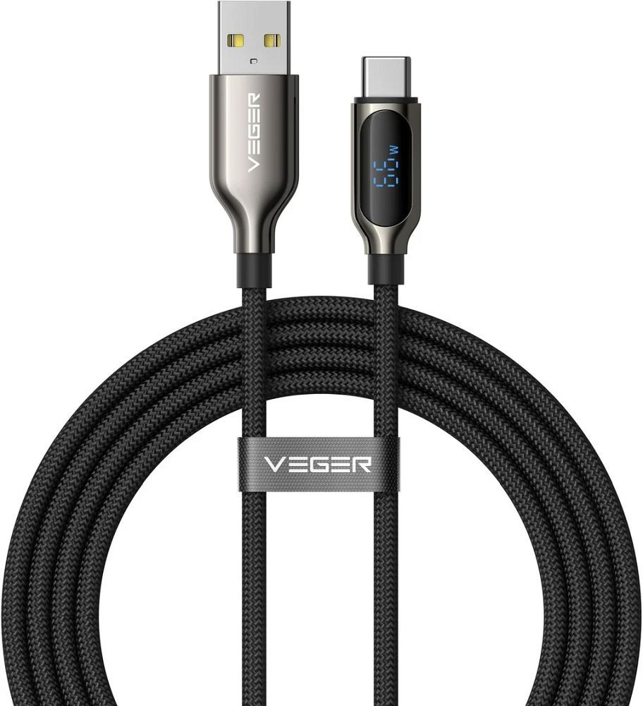Kabelis su LED ekranu, USB A į Type C, VEGER PD 3A 66W, AC1-XHJ, 1,2 m, juodas