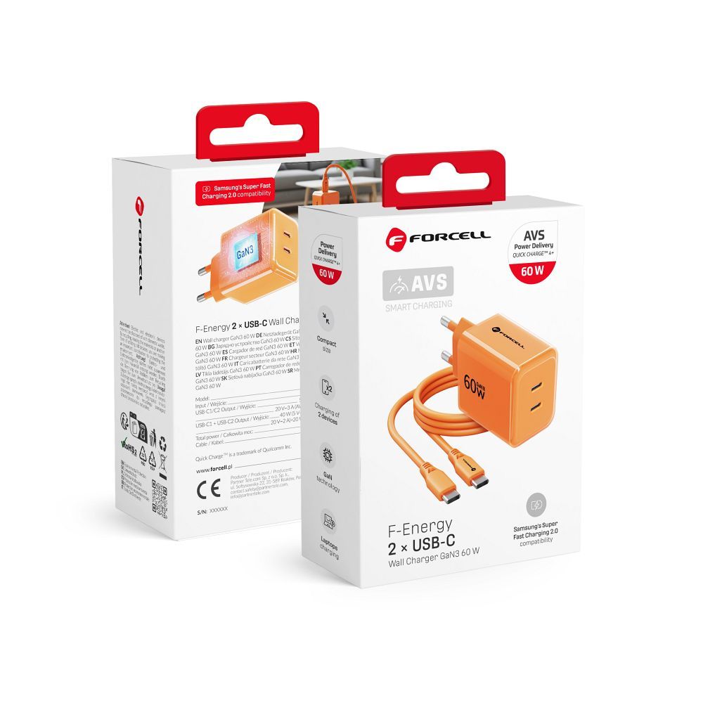 Telefono įkroviklis Forcell F-Energy GaN III Crystal Color, 2x USB C, AVS, SSFC3.0, 60W + silikoninis laidas USB C į USB C VT-60, oranžinis