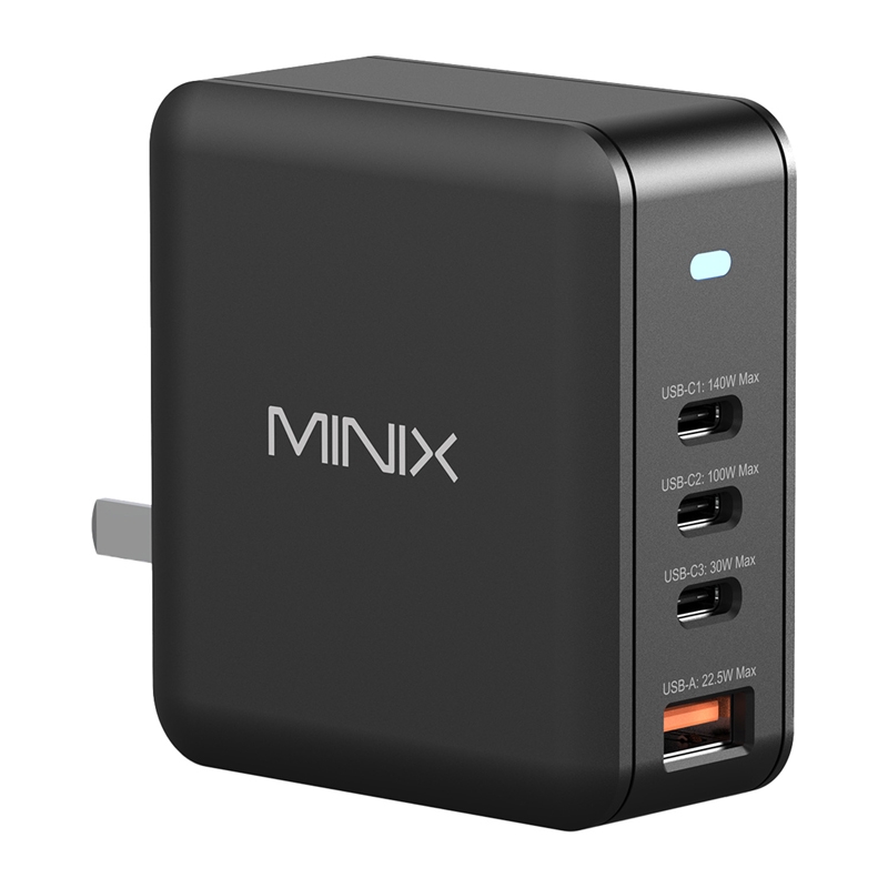 Minix P165 GaN sieninis įkroviklis su 3x USB-C ir 1x USB-A prievadais