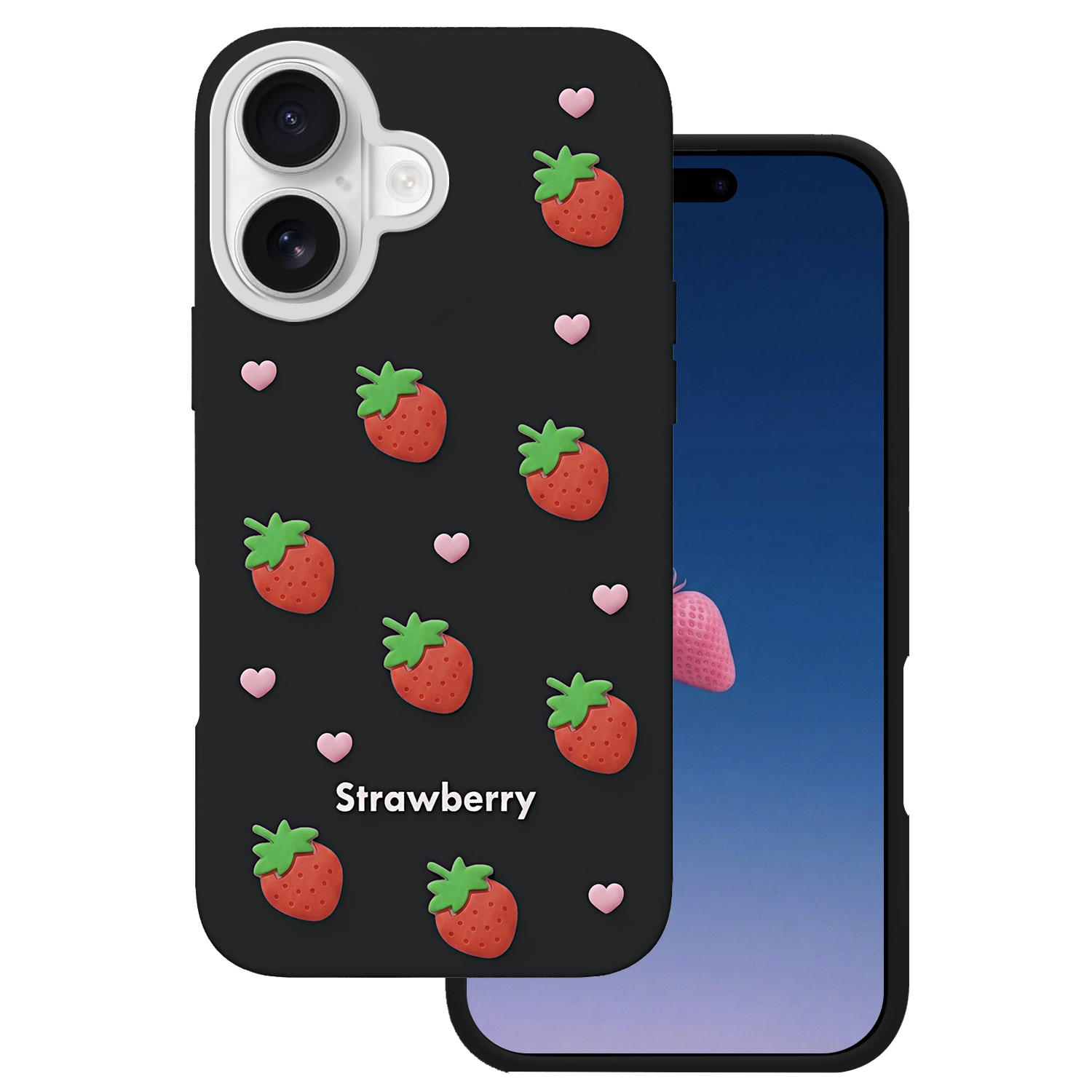 Braškių dėklas, skirtas iPhone 16 6,1", juodas