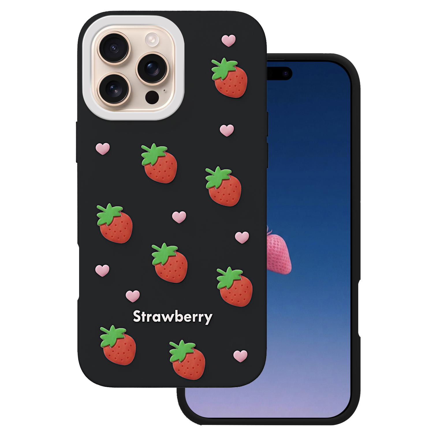 Braškių dėklas, skirtas iPhone 16 Pro 6,3", juodas
